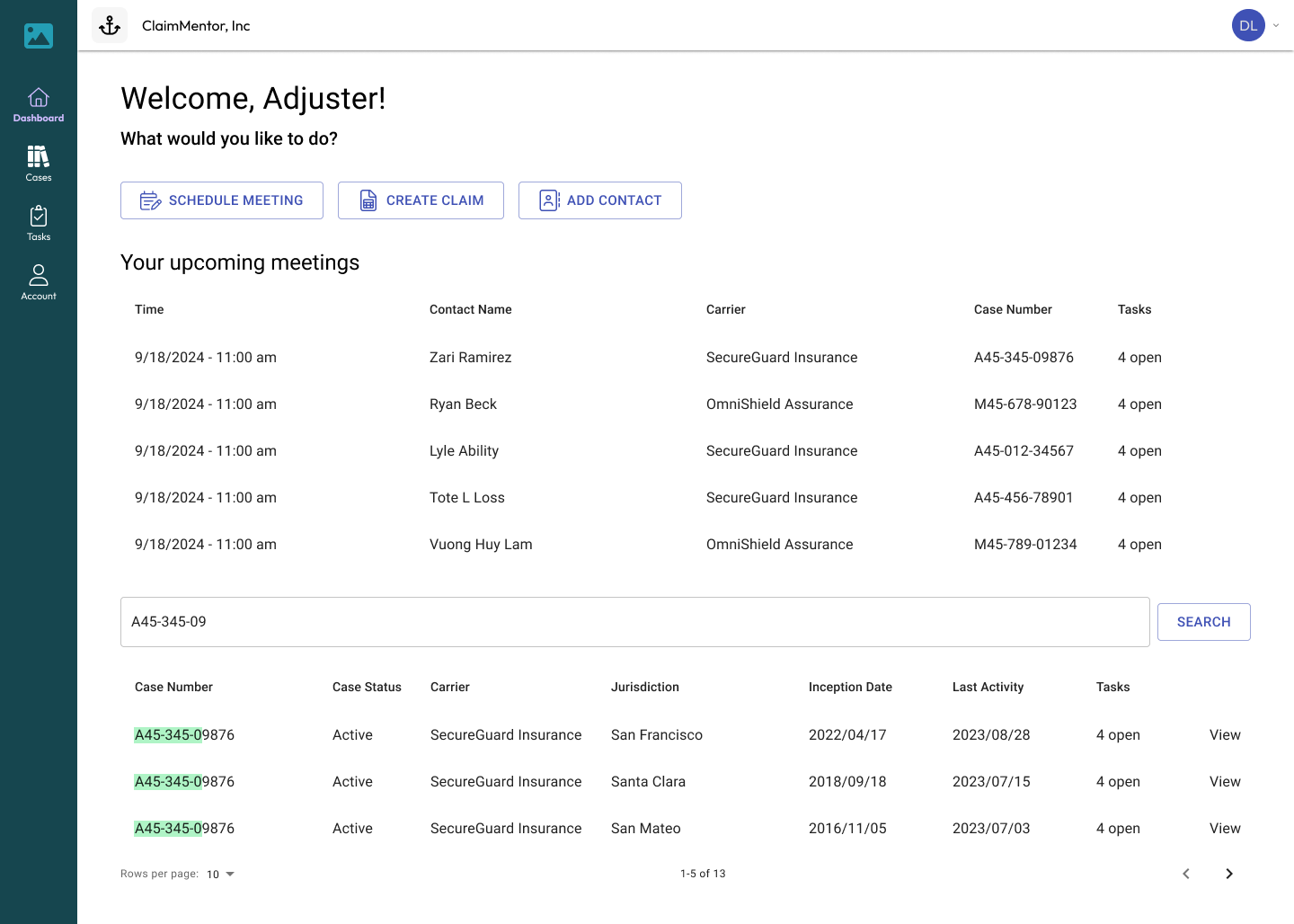 Meeting screen of ClaimMentor