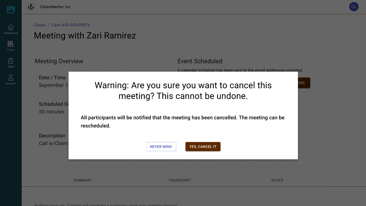 Meeting screen of ClaimMentor