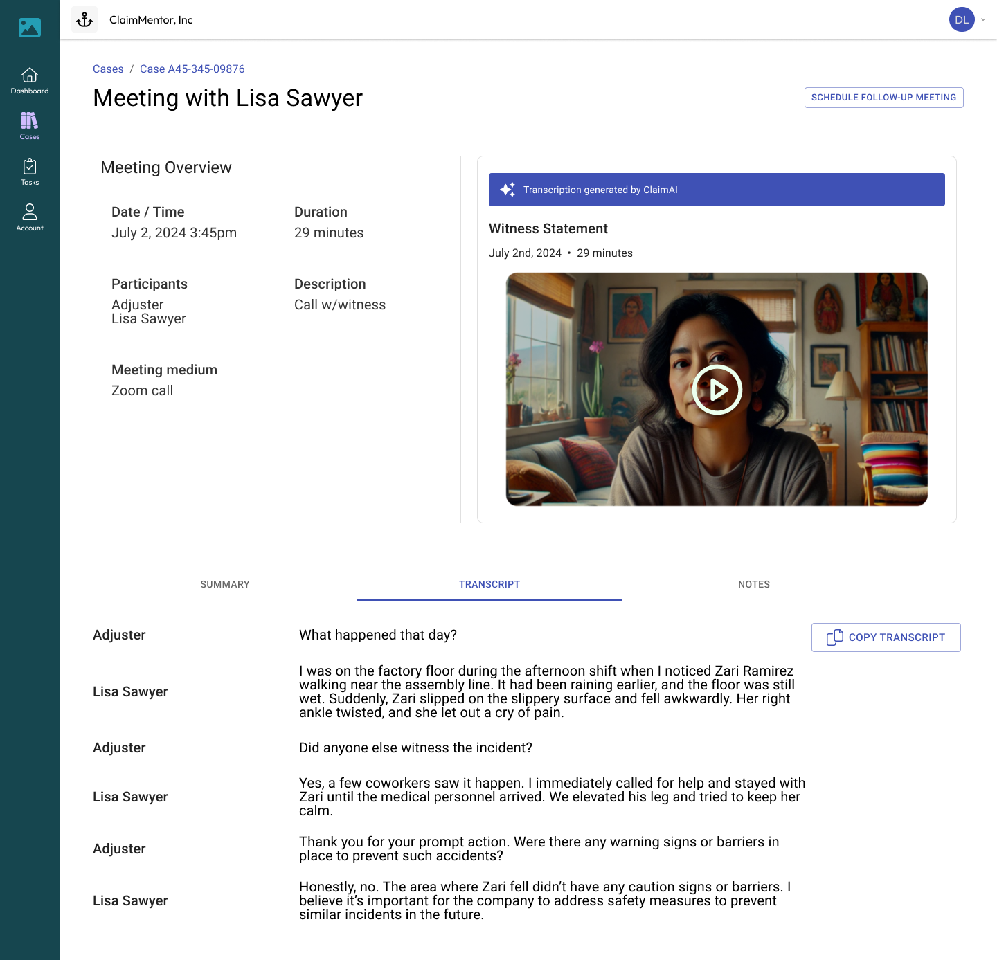 Meeting screen of ClaimMentor