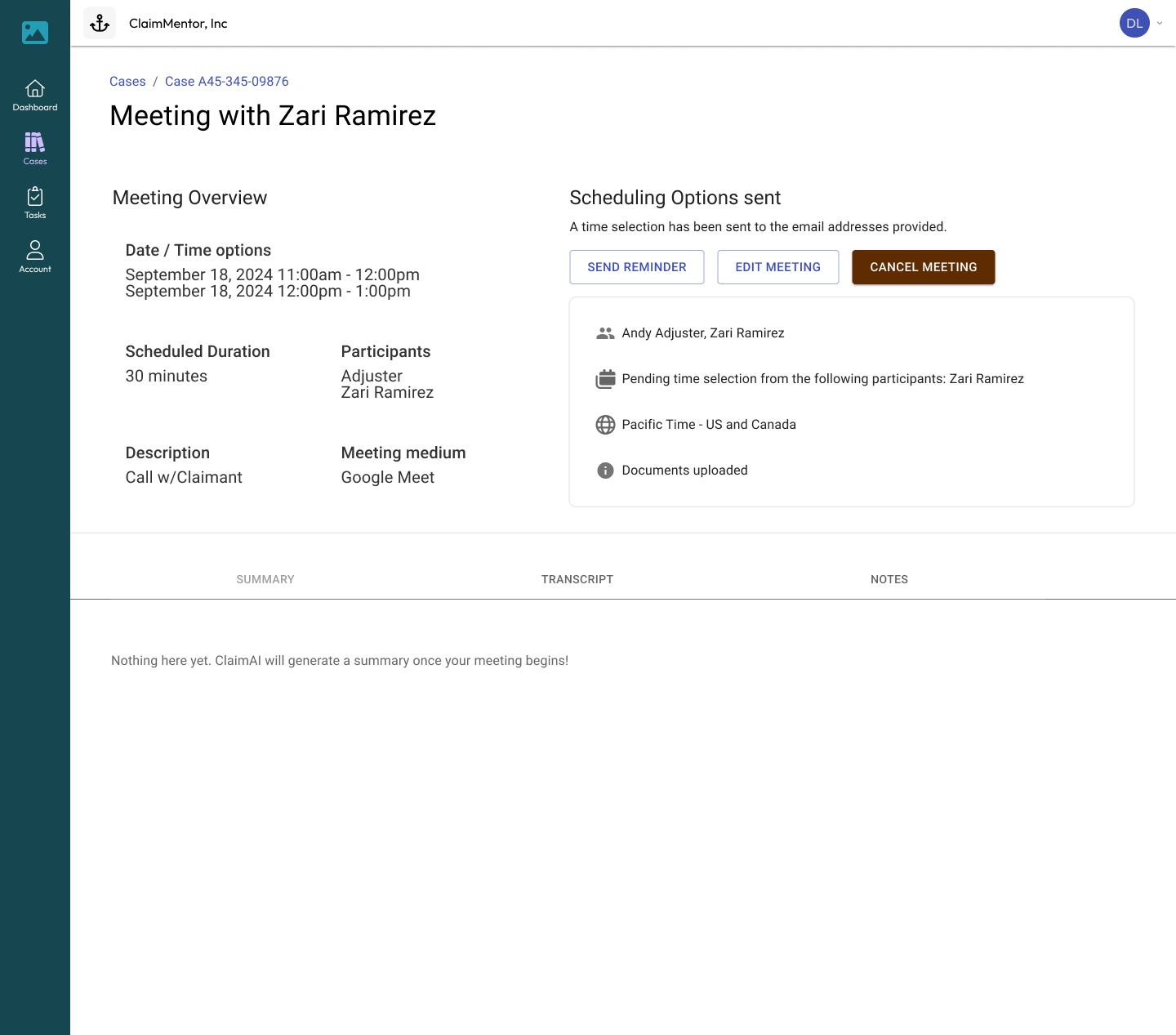 Meeting screen of ClaimMentor