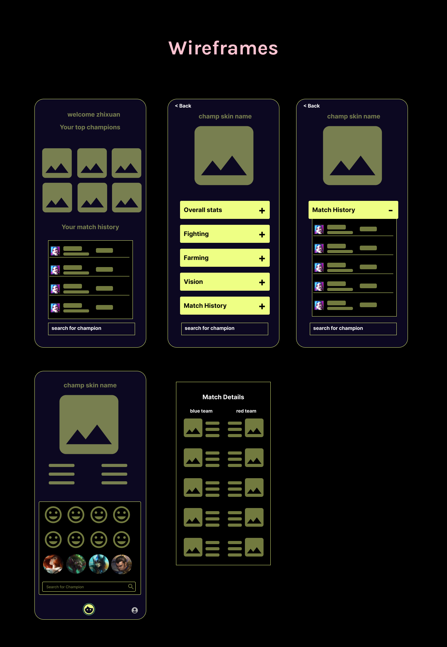 Wireframes of League of Skins